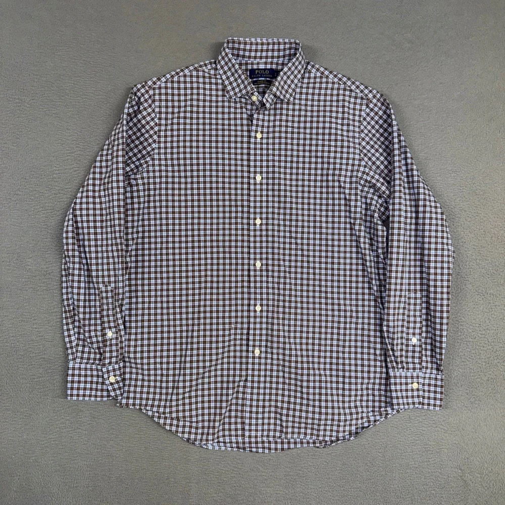 Polo Ralph Lauren Shirt Mens Large Brown Blue Plaid Classic Fit Stretch Button